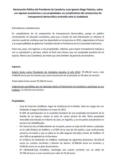 Ignacio Diego publica un texto que resume sus ingresos y propiedades