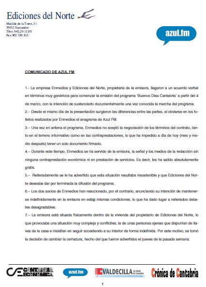 Ediciones del Norte zanja el cierre de 'Buenos días Cantabria' en un conflicto 'meramente empresarial'