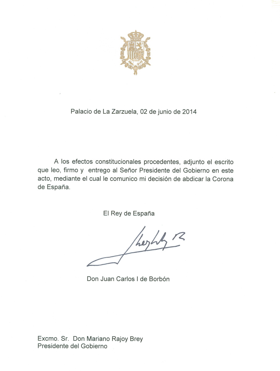 La carta en la que don Juan Carlos comunica a Rajoy su abdicación