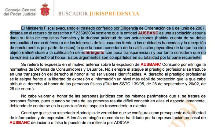 En la imagen, fallo judicial que determina que la palabra "chiringuito" no atenta contra el honor de AUSBANC