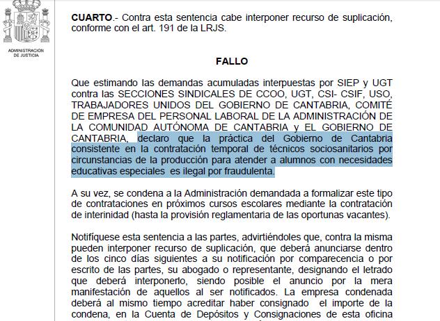 El Gobierno de Cantabria, condenado por realizar contrataciones de forma «ilegal por fraudulenta»