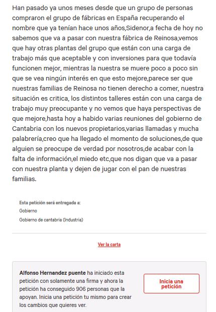 Trabajadores de Sidenor impulsan una petición de firmas "Por nuestro futuro laboral en Reinosa"