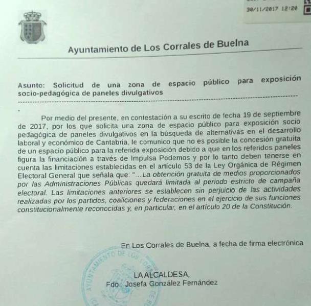 Podemos acusa a la alcaldesa de Los Corrales de Buelna de vulnerar la libertad de expresión