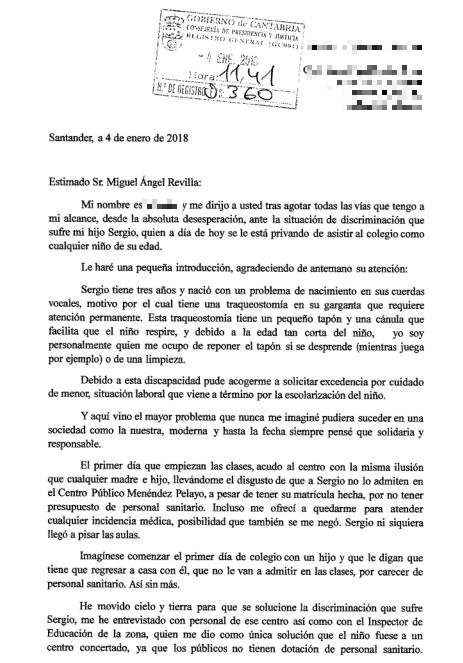 Fragmento de la carta enviada por la madre a Miguel Ángel Revilla - IU insta a Revilla a desbloquear la contratación de personal sanitario en colegios para evitar casos como el de Sergio