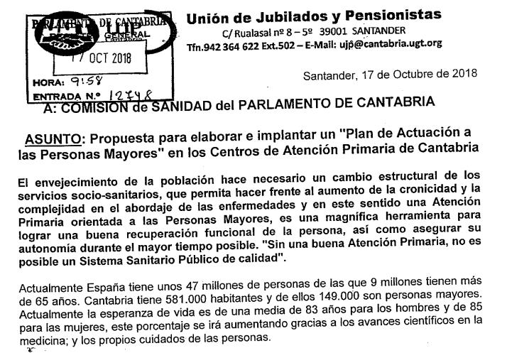 Los jubilados de UGT piden al Parlamento de Cantabria un plan de actuación en atención primaria para personas mayores