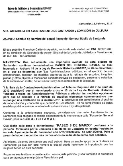  UGT pide al Ayuntamiento de Santander que el «Paseo de General Dávila» pase a denominarse «Paseo 8 de Marzo»