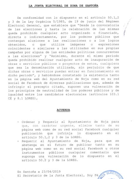 La Junta Electoral de Zona obliga al alcalde de Noja a retirar un comunicado 'electoralista'