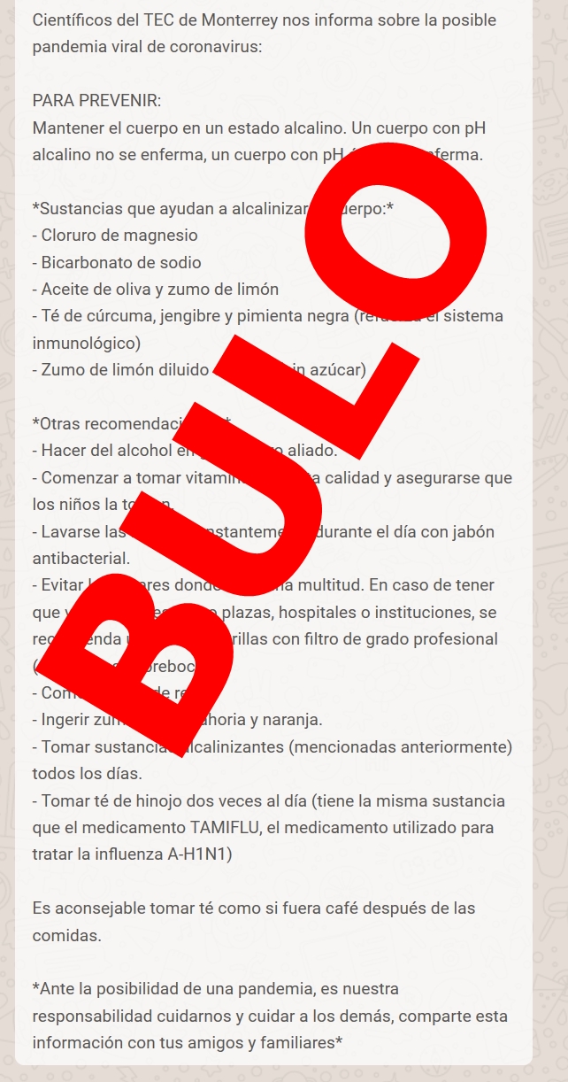  Falso: el agua alcalina no previene ni cura el coronavirus