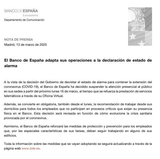 El Banco de España adapta sus operaciones a la declaración de estado de alarma