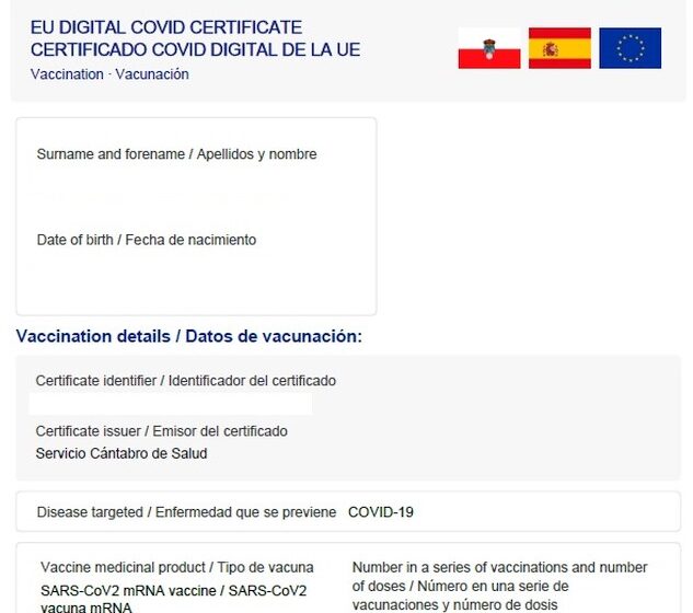 En la imagen el certificado COVID-19 digital de la UE