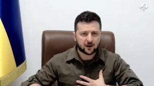 El presidente de Ucrania Volodímir Zelenski durante su comparecencia ante el Congreso de los Diputados