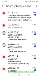 En la captura de pantalla diversos números de teléfono relacionados con estafas, timos y llamadas comerciales no deseadas