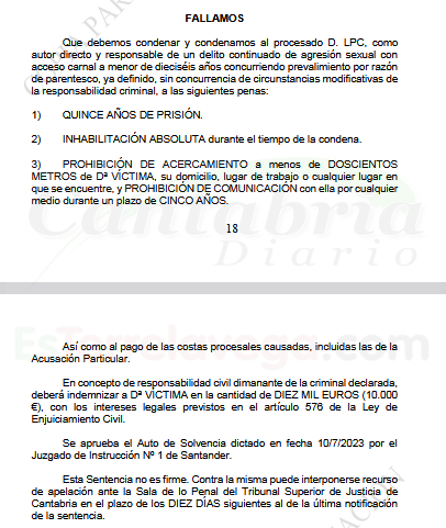 Condenado a quince de años de prisión por agredir sexualmente a su hija menor de edad durante años