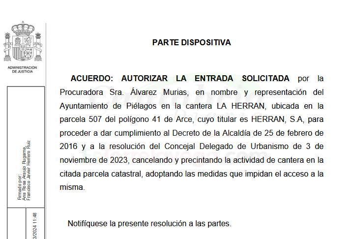 "LAHERRÁN se niega a clausurar la actividad en sus instalaciones", afirman los ecologistas - Captura de la orden de precinto de la cantera, recurrida por la empresa