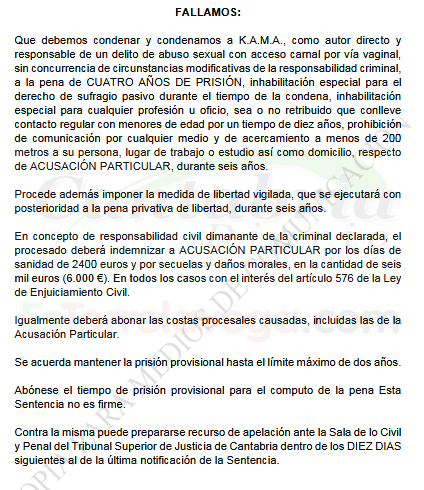 La Audiencia de Cantabria condena a cuatro años de prisión a un hombre que penetró a una amiga pese a su negativa