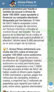 En la imagen de su canal de Telegram Pérez ha reconocido el cobro de 100.000 euros - Seguidores piden explicaciones a Alvise Pérez sobre sus cobros del polémico "criptochiringuito"