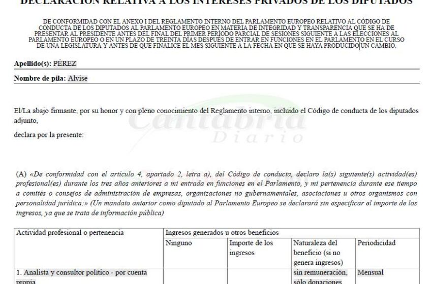 En la imagen la declaración de intereses que Pérez envió al Parlamento Europeo sin declarar los ingresos recibidos de Álvaro Romillo - Alvise Pérez ocultó al Parlamento Europeo los 100.000 euros recibidos de un "criptochiringuito"