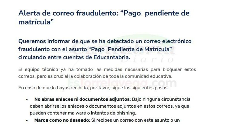 El consejero recomienda "marcar como spam y borrar" el falso email de Educantabria