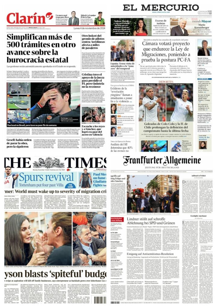 En la imagen las portadas de los periódicos Clarín (Argentina), El Mercurio (Chile), The Times (UK) y Franfurter Algemeine (Alemania)