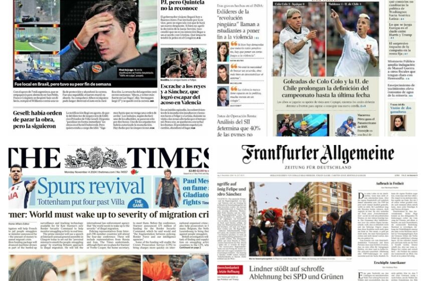 En la imagen las portadas de los periódicos Clarín (Argentina), El Mercurio (Chile), The Times (UK) y Franfurter Algemeine (Alemania)