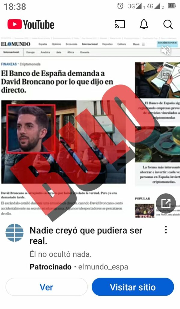 En la captura de pantalla un anuncio en YouTube con un bulo sobre David Broncano que lleva a las víctimas a la "estafa de los famosos" con falsas inversiones en criptomonedas