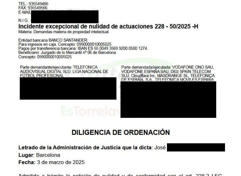 Admitido a trámite el incidente de nulidad contra la orden que permite a LALIGA "romper" internet cuando hay fútbol