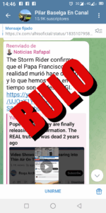 En la imagen el bulo de que el Papa Francisco ya estaba muerto, difundido por los habituales de las conspiraciones como Rafapal y Pilar Baselga
